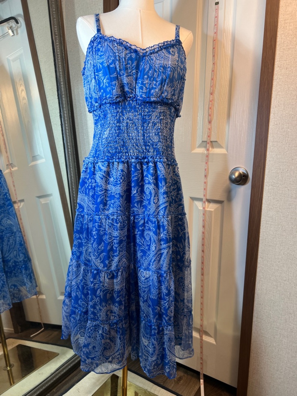 Blue Paisley Smocked Midi Dress with Spaghetti Straps